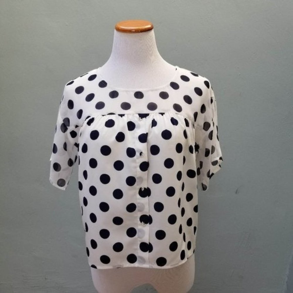 J.O.A. Polka Dot Sheer Blouse Navy White Small Preppy Twee Retro Maximalist